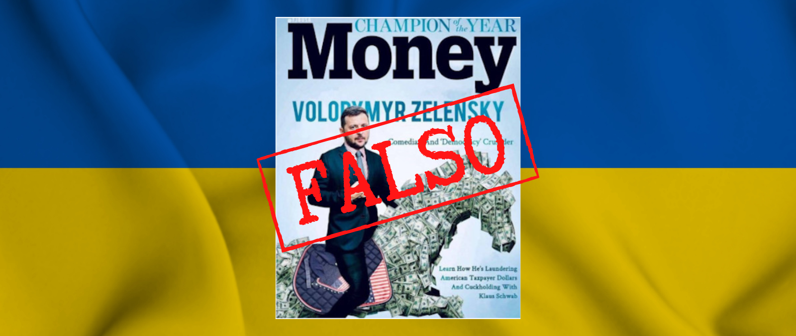 Esta portada de Zelenski montado sobre un caballo de billetes de la revista Money es FALSA