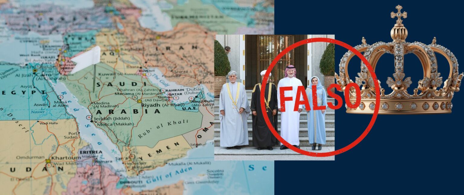 Esta imagen de los Reyes con el sultán de Omán vestidos con trajes árabes no es real