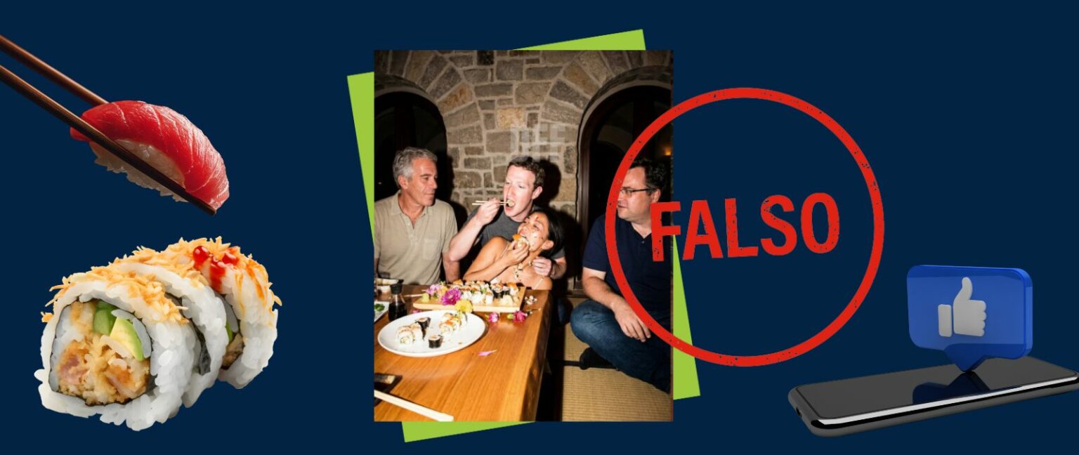 Esta imagen de Mark Zuckerberg y Jeffrey Epstein comiendo sushi es falsa