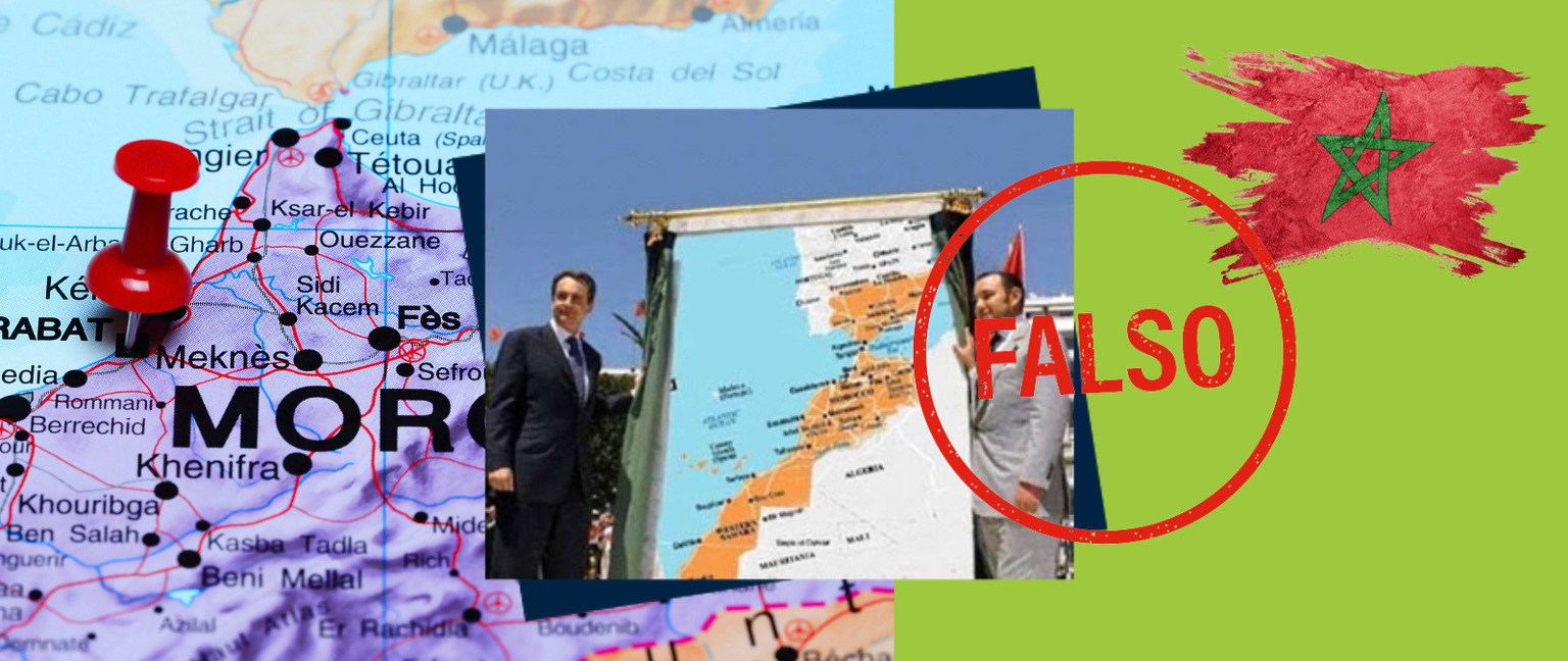 Esta foto de Zapatero con Mohamed VI y un mapa del `Gran Marruecos´ está manipulada